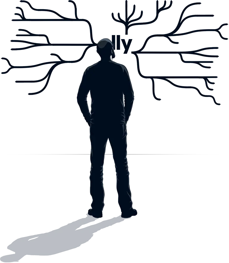 Artist rendering of a man staring at a large mind map chart depicting the scale of the Ally digital products ecosystem.